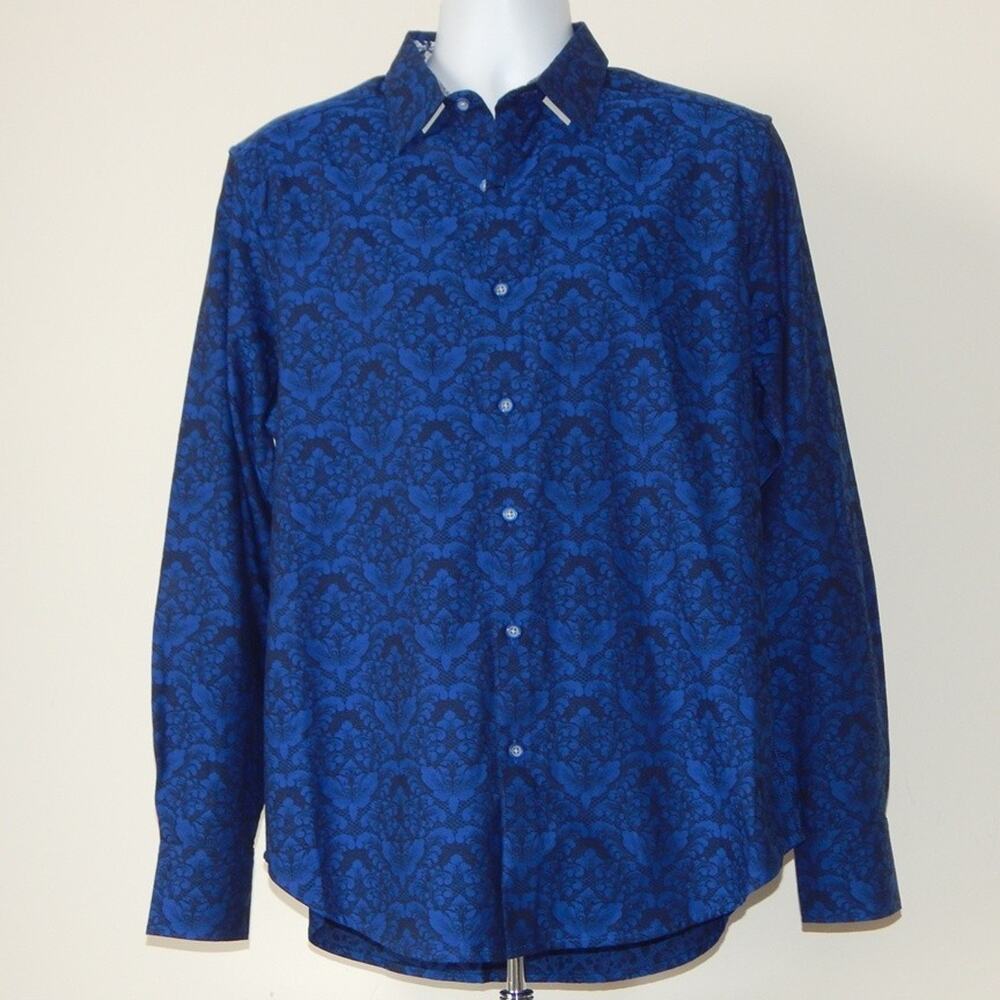 NWT Robert Graham BAYVIEW Button Front Long Sleeve Jacquard Shirt Navy Men's MED